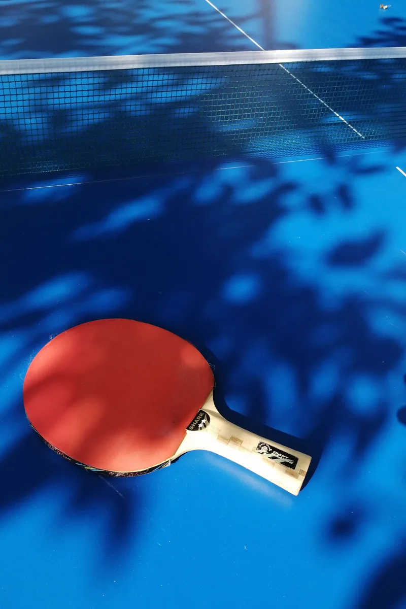 A table tennis paddle resting on a blue table beside the net