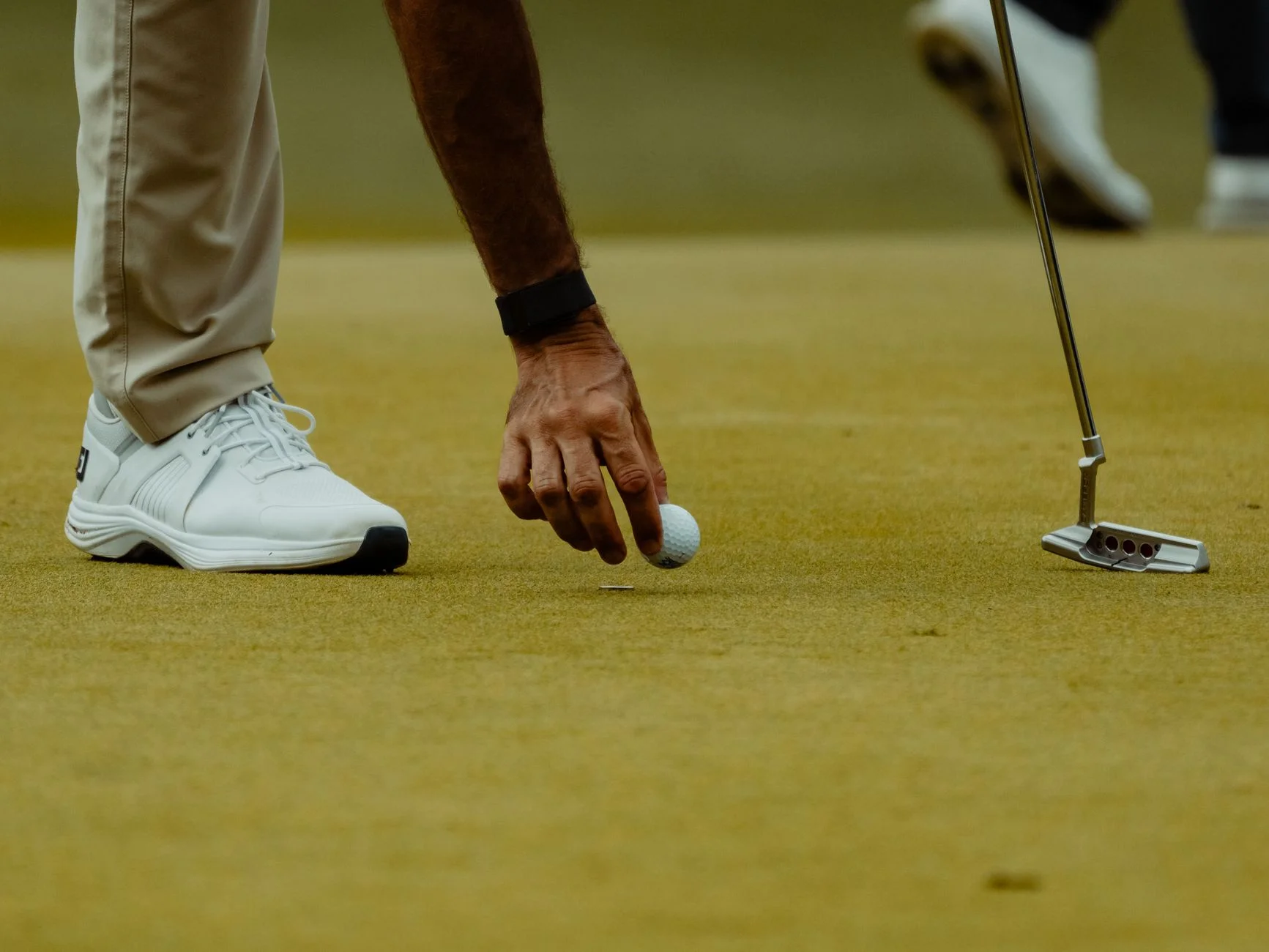 A close-up of a golfer's hand placing a ball on the green with a putter