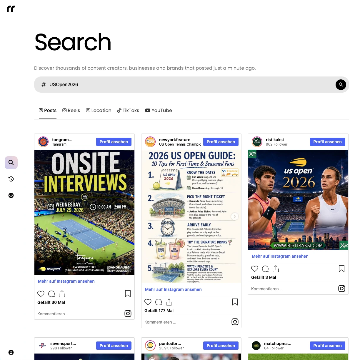 RecentReborn's Instagram hashtag search results for #USOpen2026, shown in chronological order
